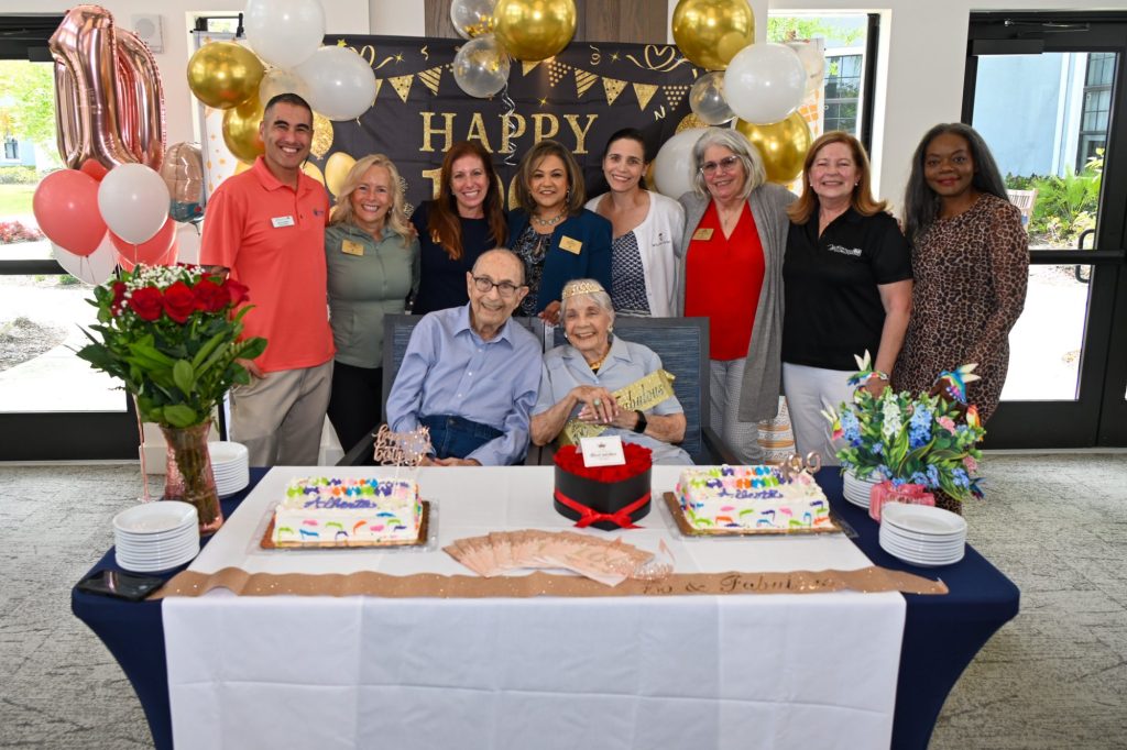 Alberta "Bert" Goldberg celebrates her 100th birthday with her husband Bob, friends and well-wishers. 