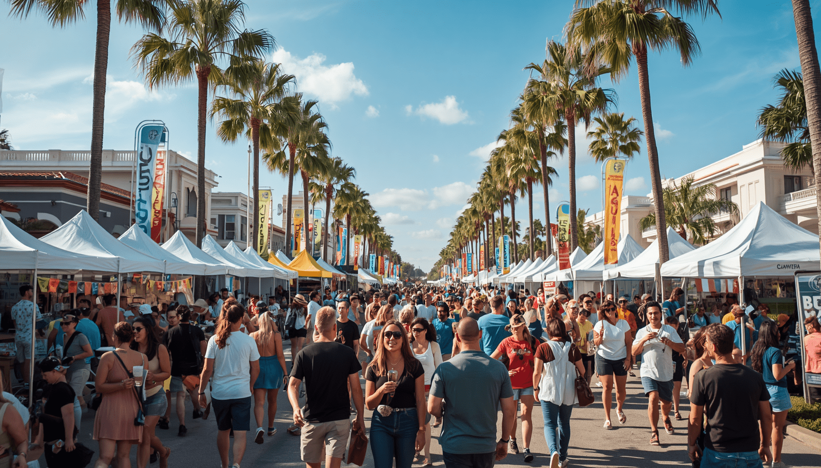Photo promoting local events in Florida, vibrant community gathering, outdoor festival atmosphere, palm trees, sunny weather, diverse people enjoying activities, colorful and inviting