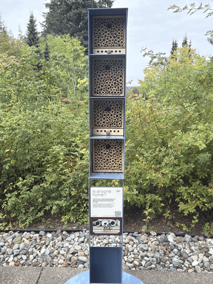 A tall, multi-level metallic and bamboo bee hotel structure with distinct nesting compartments and an informational sign, set against a backdrop of lush greenery, a part of Wellington Bay's biodiversity efforts.