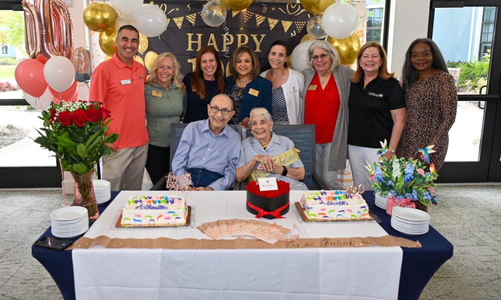 Alberta "Bert" Goldberg celebrates her 100th birthday with her husband Bob, friends and well-wishers.