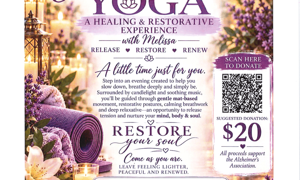 Flyer for Candlelight Yoga at Wellington Bay featuring event details, QR code for donations, and information on benefiting the Alzheimer's Association.