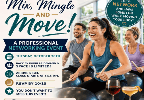 Promotional graphic for Mix, Mingle & Move professional networking event at Wellington Bay Senior Living Community featuring the community horse logo.