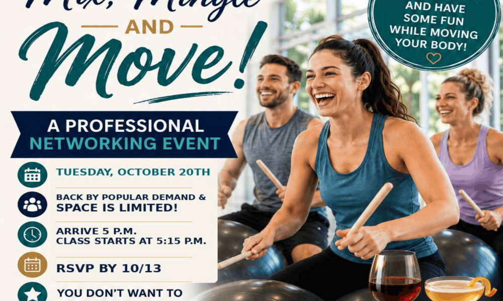 Promotional graphic for Mix, Mingle & Move professional networking event at Wellington Bay Senior Living Community featuring the community horse logo.