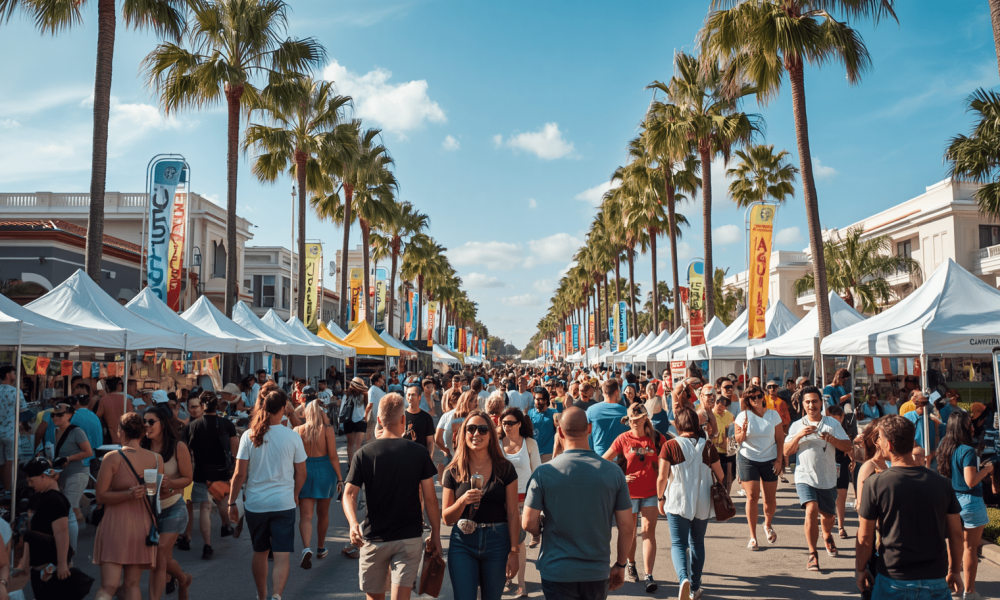 Photo promoting local events in Florida, vibrant community gathering, outdoor festival atmosphere, palm trees, sunny weather, diverse people enjoying activities, colorful and inviting