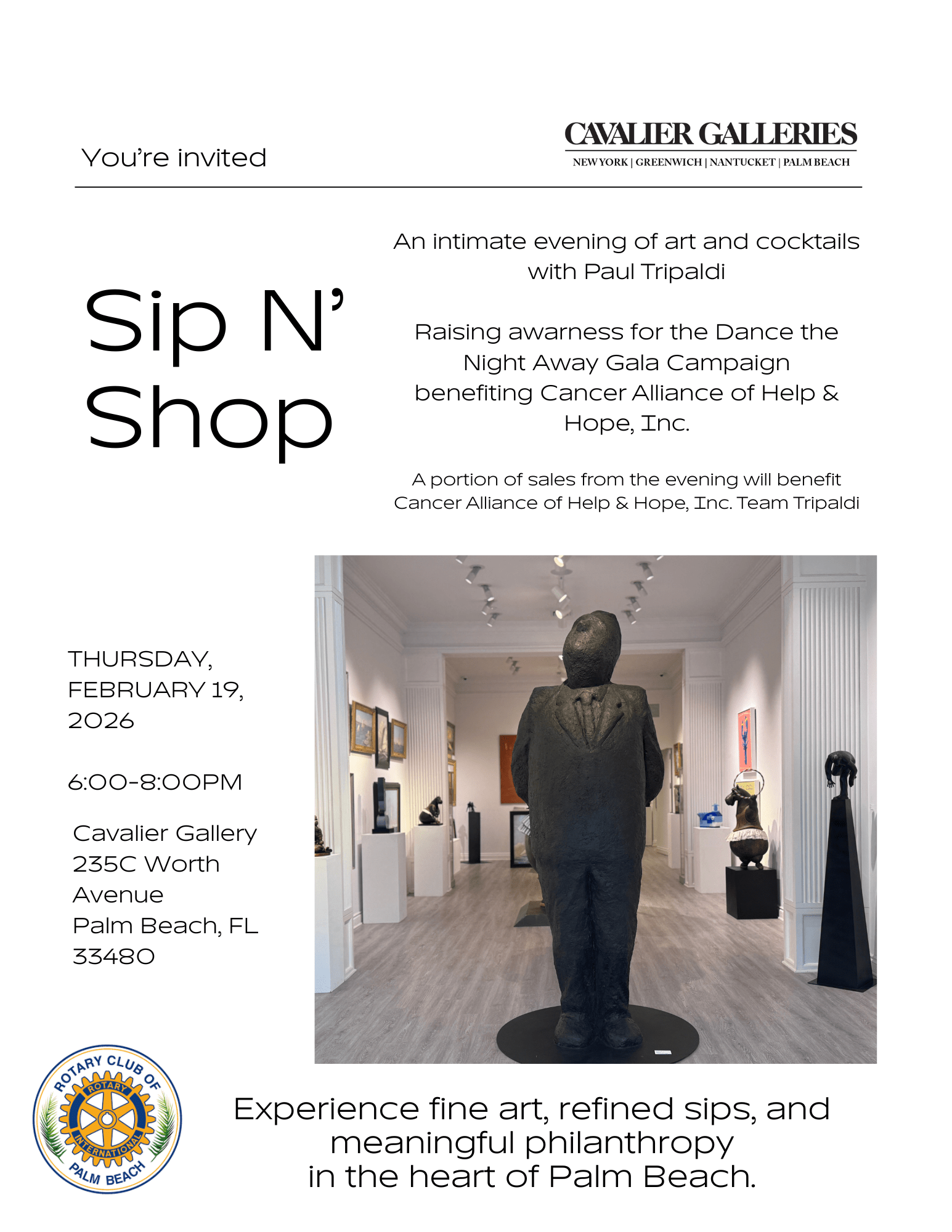 Rotary Club x Cavalier Gallery Sip n Shop Flyer 2.19.26 with donation